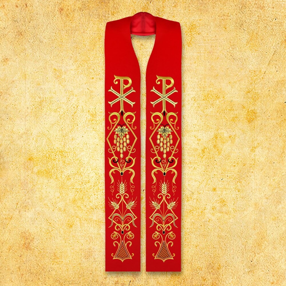 Étole liturgique brodée rouge avec le syNotre-Dameole PX