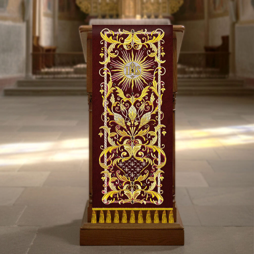 Nappe d’autel brodée exclusive pour parement d’ambon avec IHS