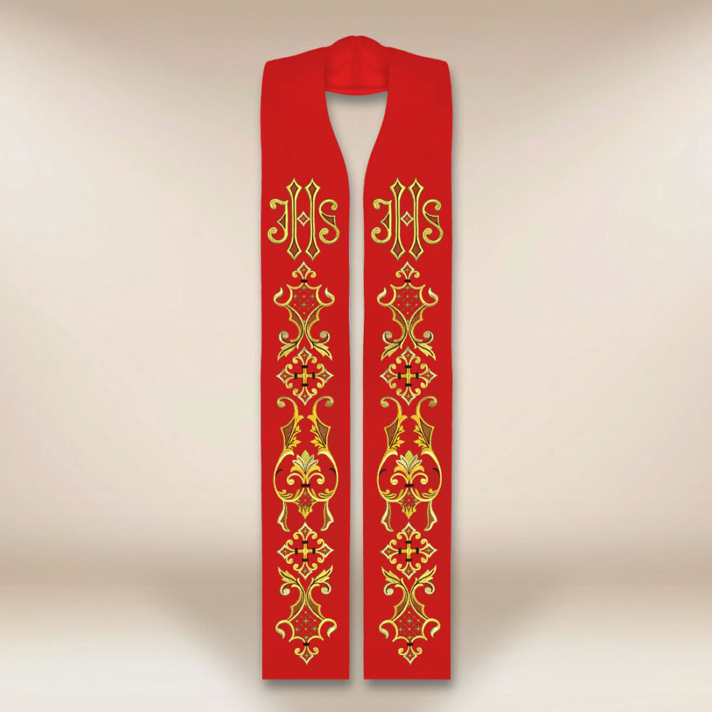 Étole liturgique brodée rouge avec IHS