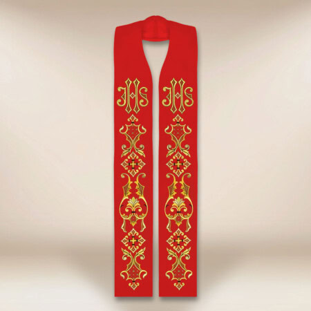 Étole liturgique brodée rouge avec IHS