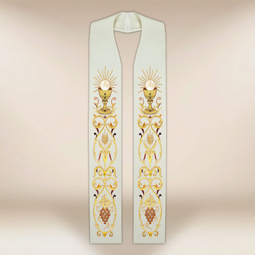 Étole liturgique brodée écrue avec motif de calice