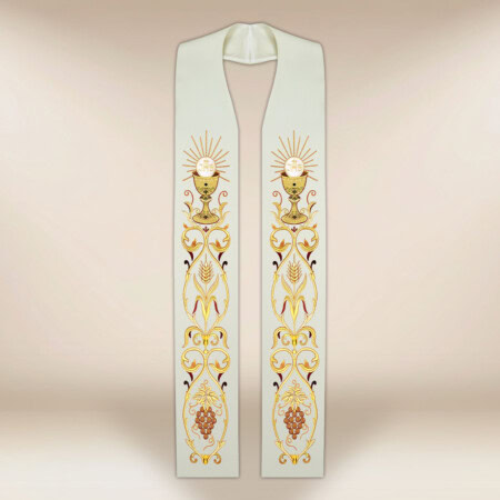 Étole liturgique brodée écrue avec motif de calice