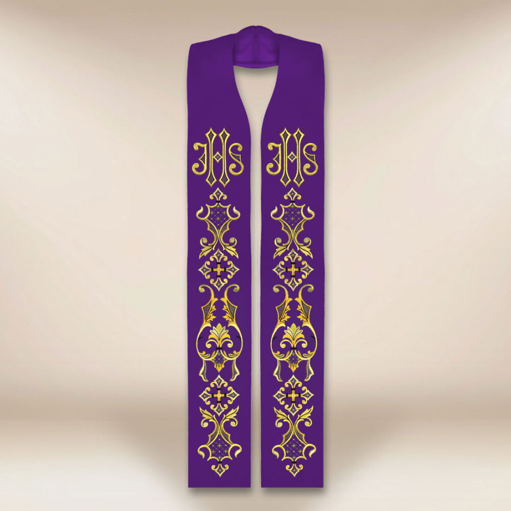 Étole liturgique brodée violette avec IHS