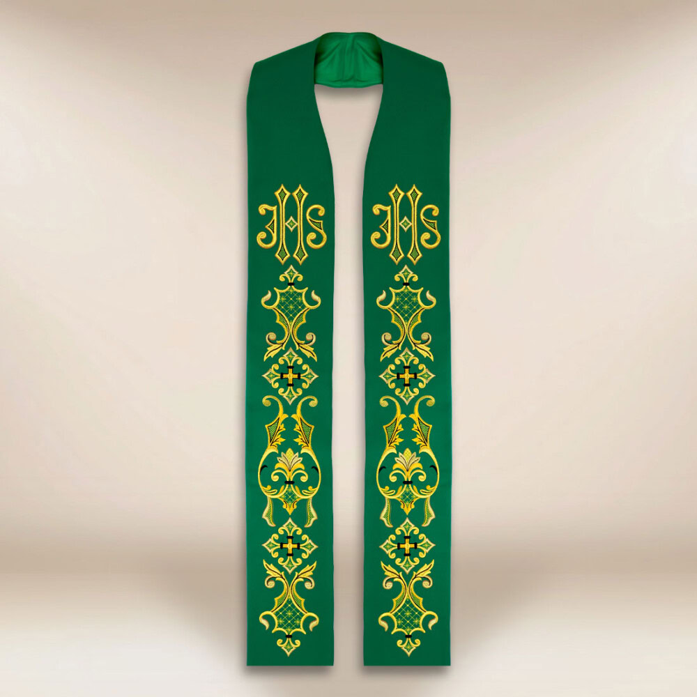 Étole liturgique brodée verte avec IHS