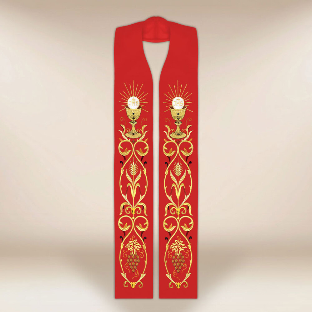 Étole liturgique brodée rouge avec motif de calice