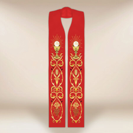 Étole liturgique brodée rouge avec motif de calice