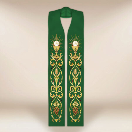 Étole liturgique brodée verte avec motif de calice