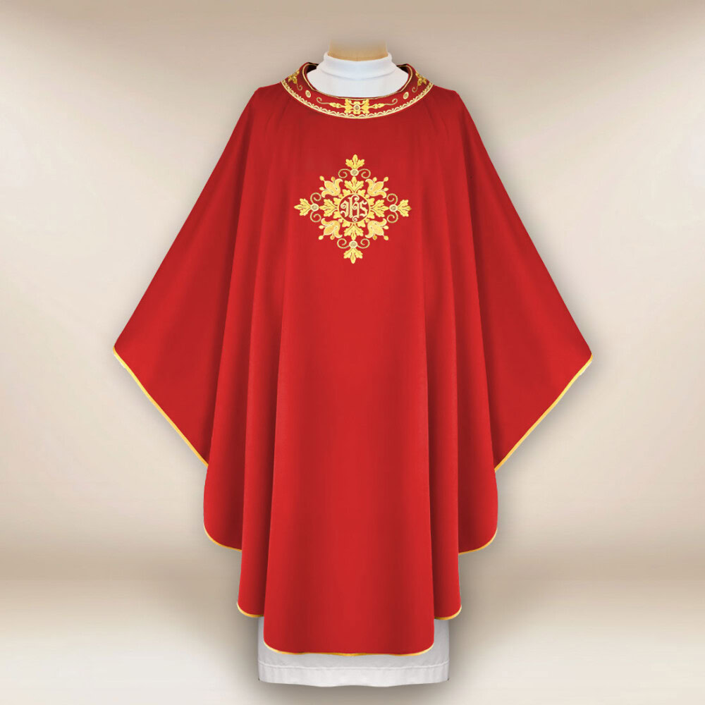 Chasuble liturgique brodée rouge IHS