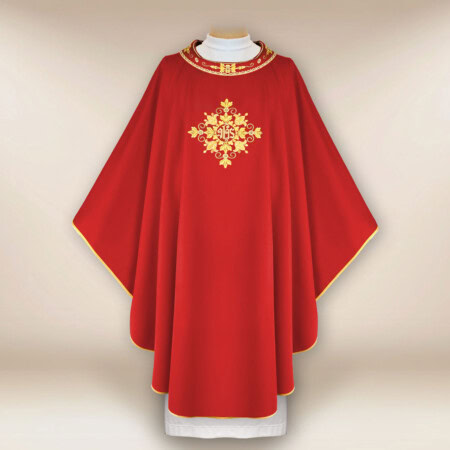 Chasuble liturgique brodée rouge IHS
