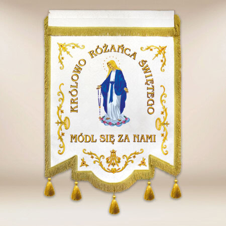Drapeau brodé "Reine du Rosaire" avec inscription personnalisée