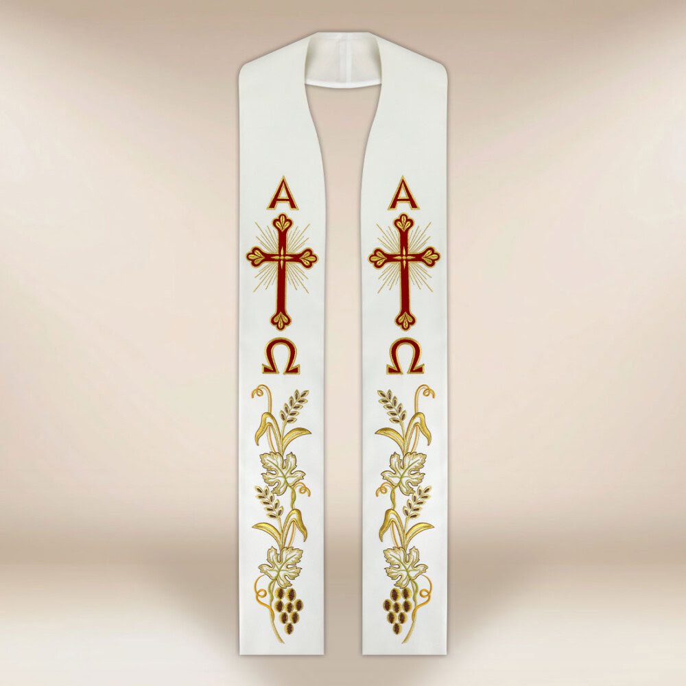 Étole brodée liturgique Alpha Omega en couleur écrue