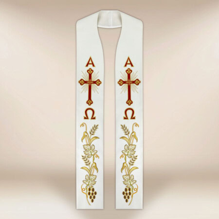 Étole brodée liturgique Alpha Omega en couleur écrue