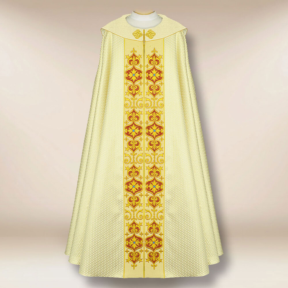 Chape liturgique brodée ecru avec le syNotre-Dameole IHS