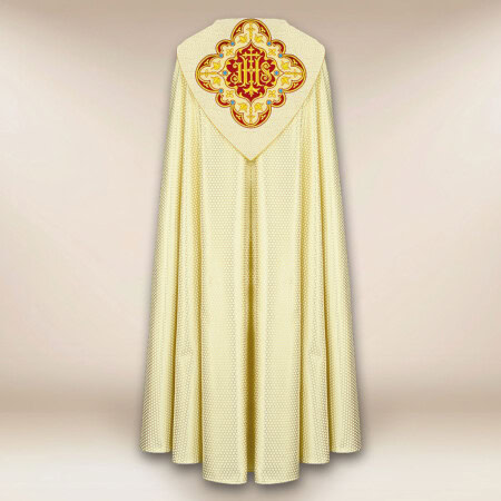 Chape liturgique brodée ecru avec le syNotre-Dameole IHS