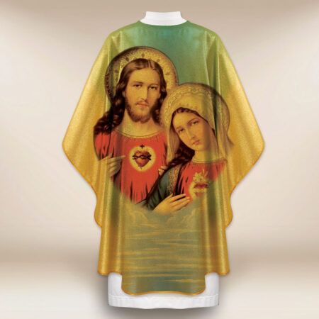 Chasuble dorée avec l'image Cœur de Jésus et Cœur de Marie