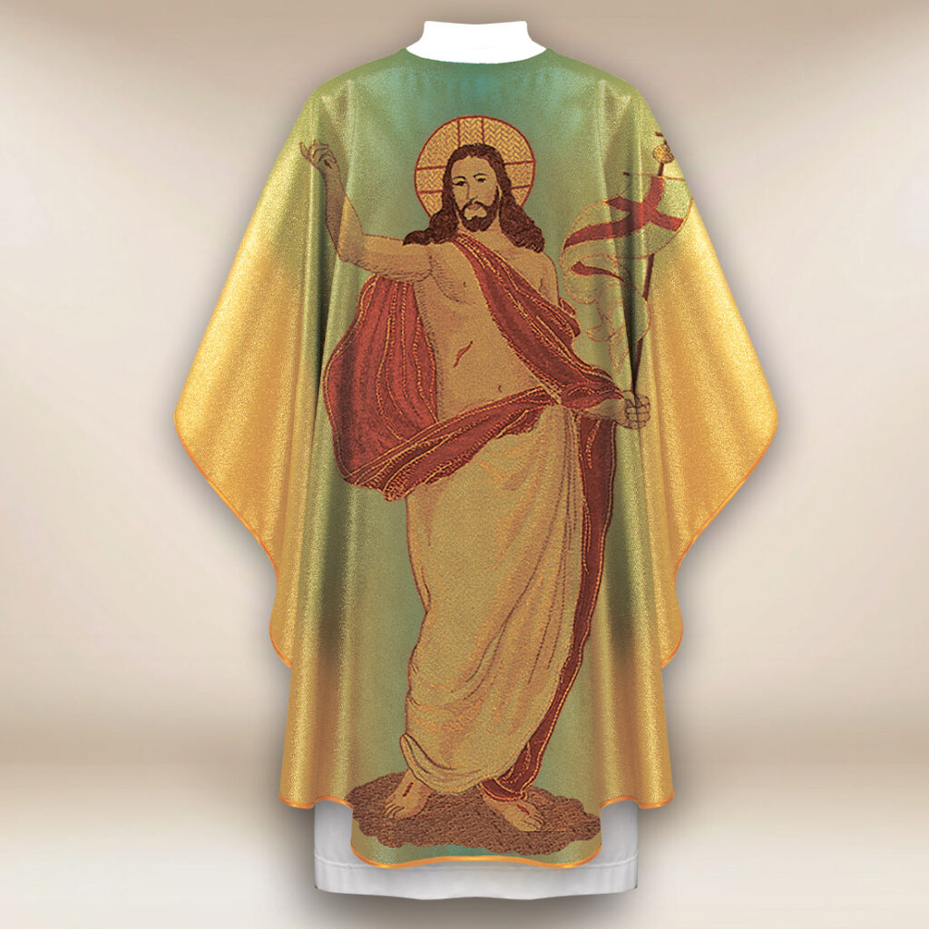 Chasuble dorée avec l'image Jésus Ressuscité