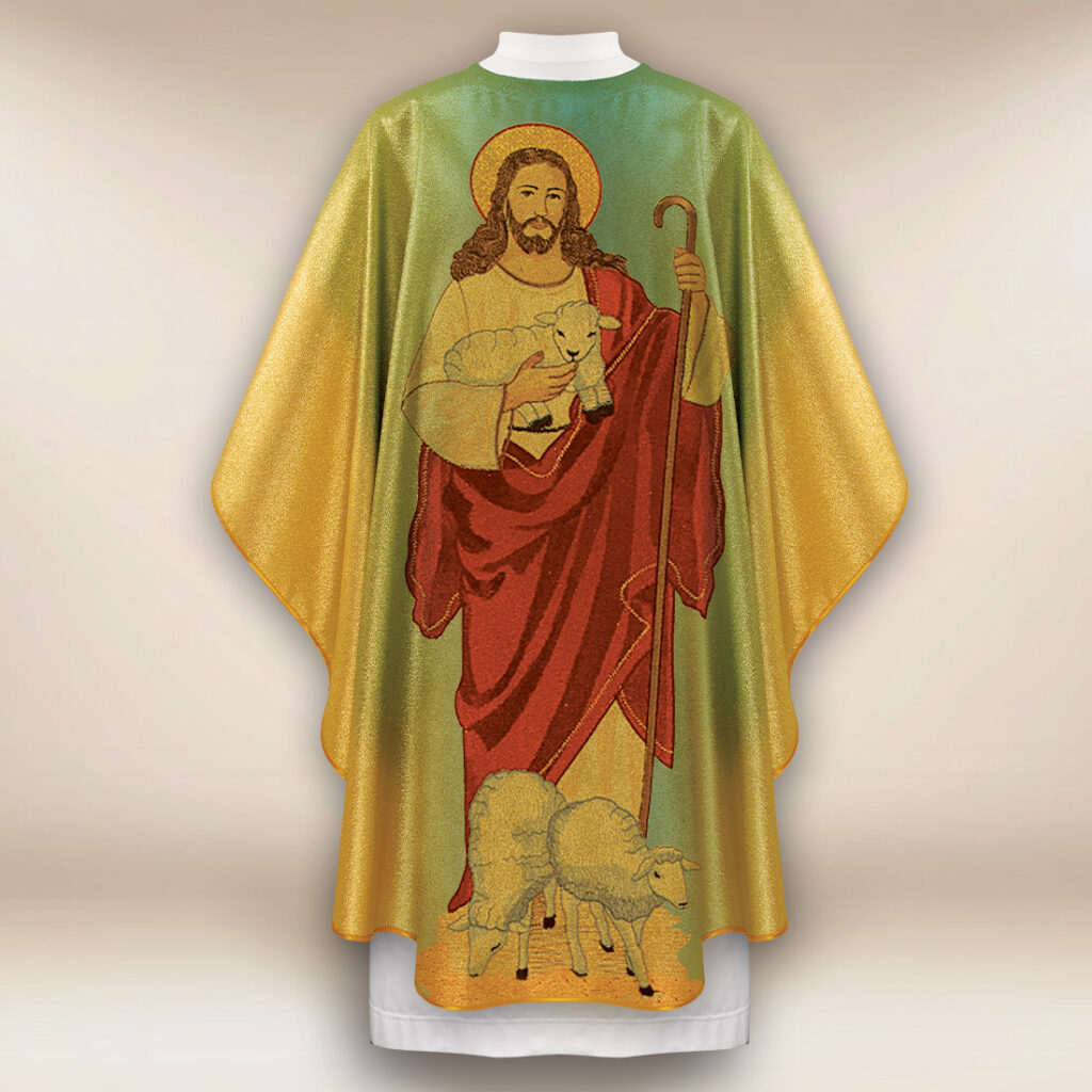 Chasuble dorée avec l'image du Bon Pasteur