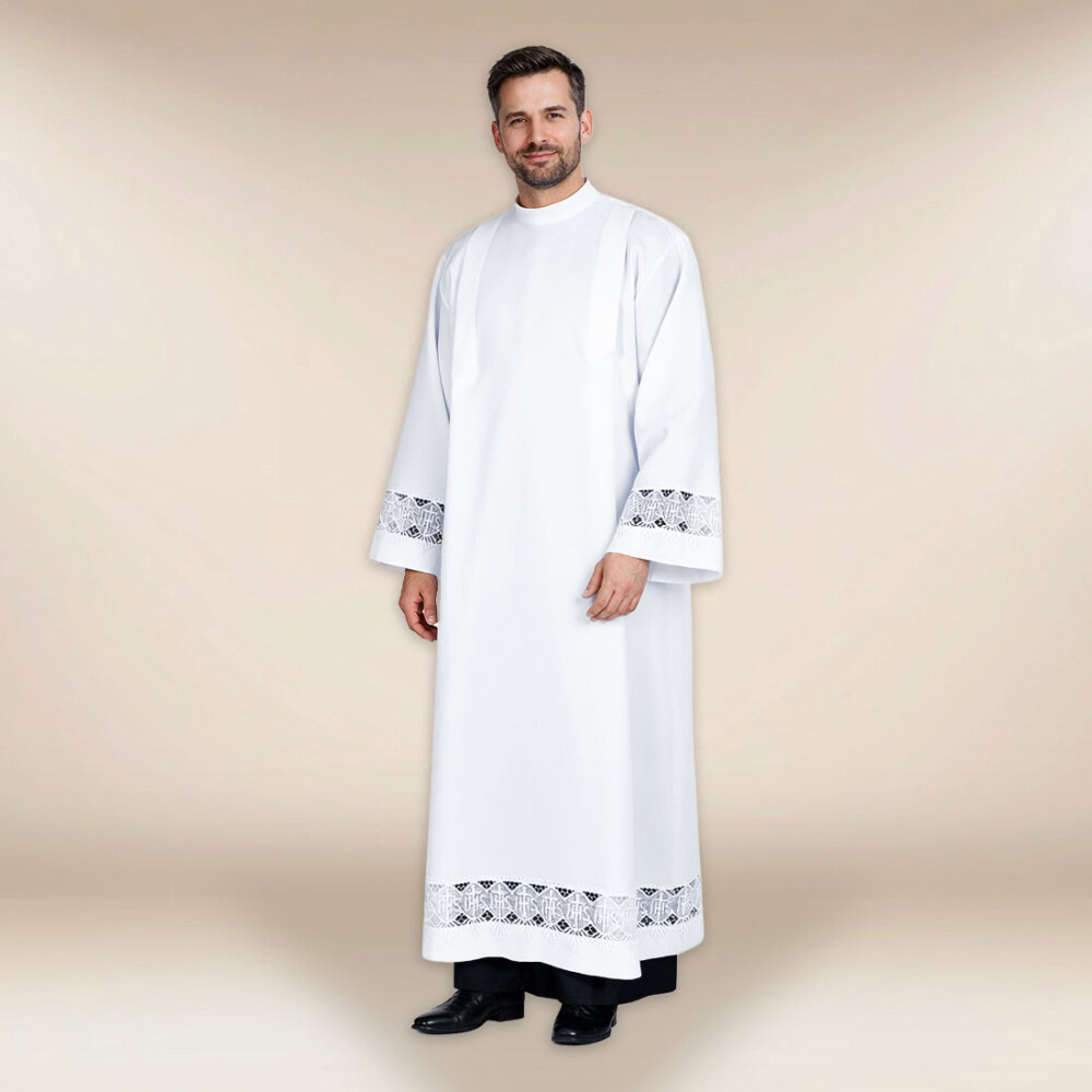 Aube liturgique avec guipure IHS 164cm