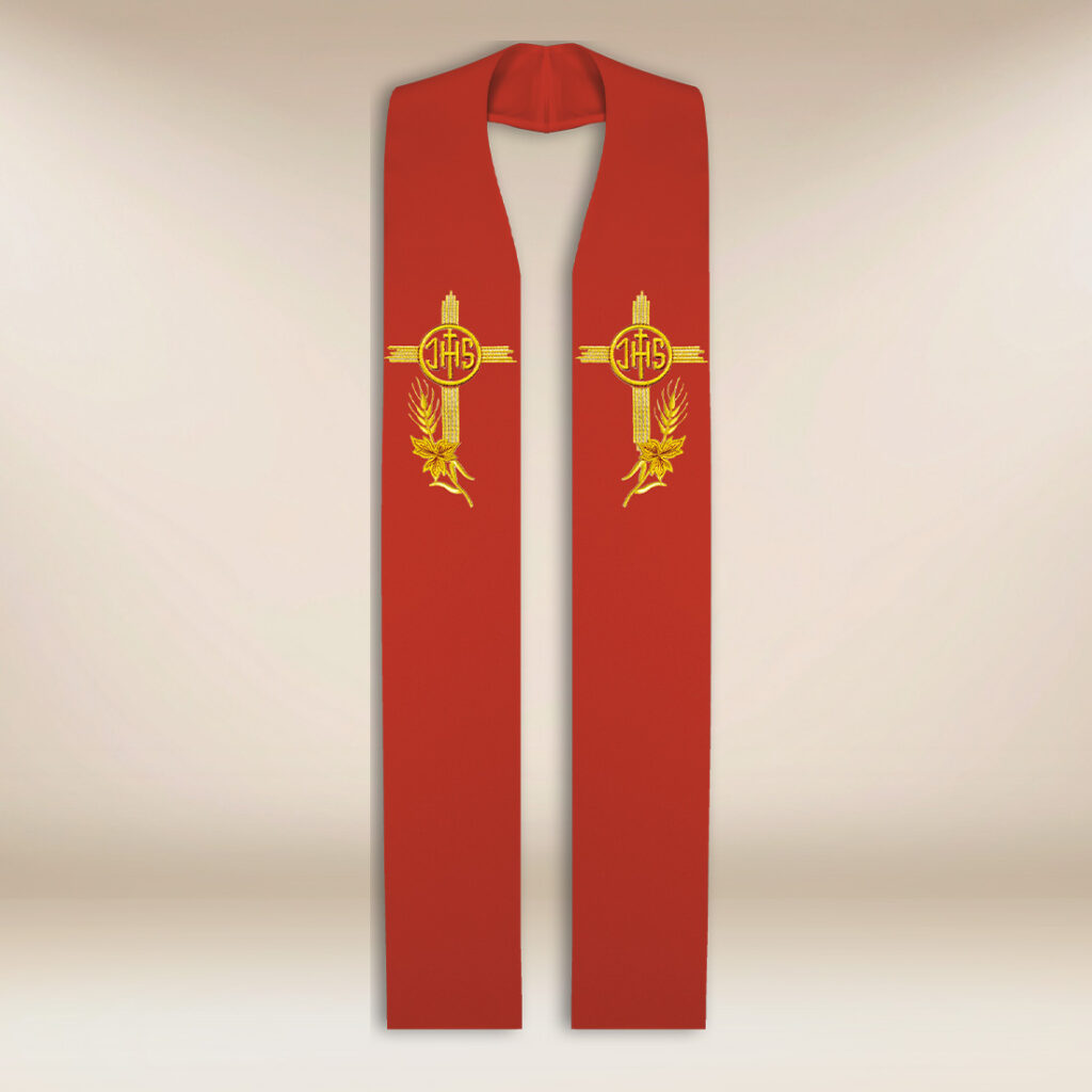 Étole sacerdotale brodée IHS rouge