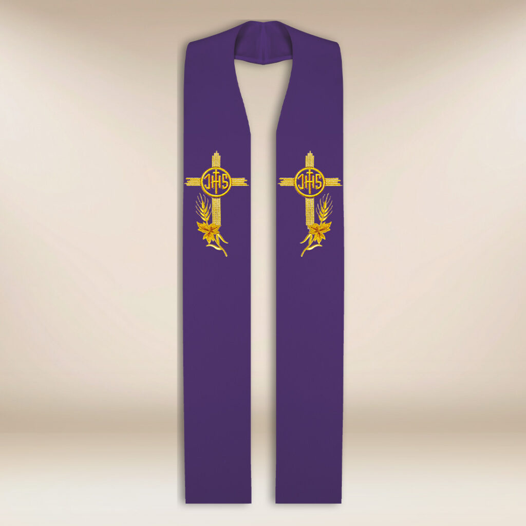 Étole sacerdotale brodée IHS violette