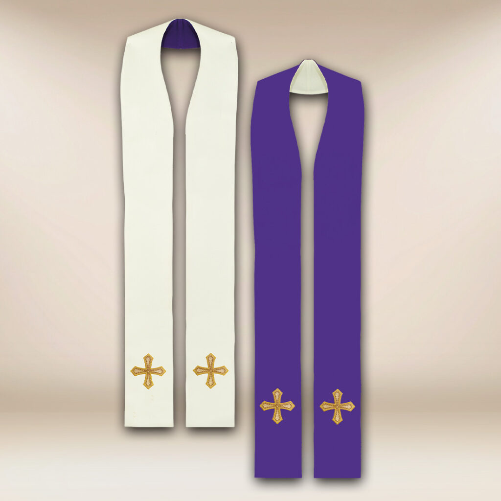 Étole sacerdotale réversible violet et écru