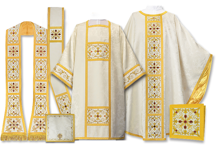 Chasubles liturgiques blanches avec broderies dorées – ensemble Massimo Bianco