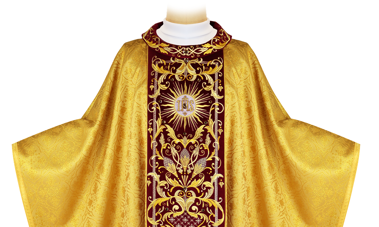 Chasuble brodée Pietre E Oro – chasuble liturgique dorée avec une ceinture bordeaux et une riche broderie IHS