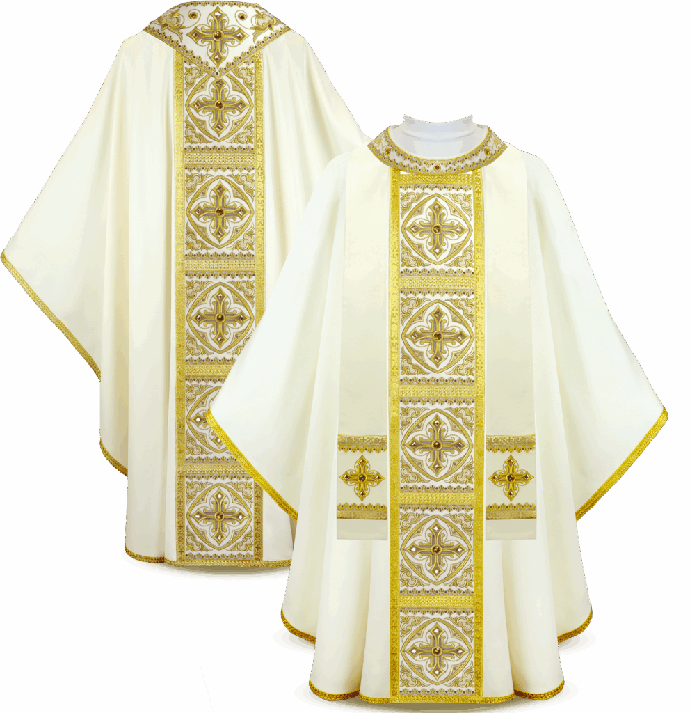 Chasuble liturgique solennelle « Brillante Bianco » – détail de l'ornement de la croix