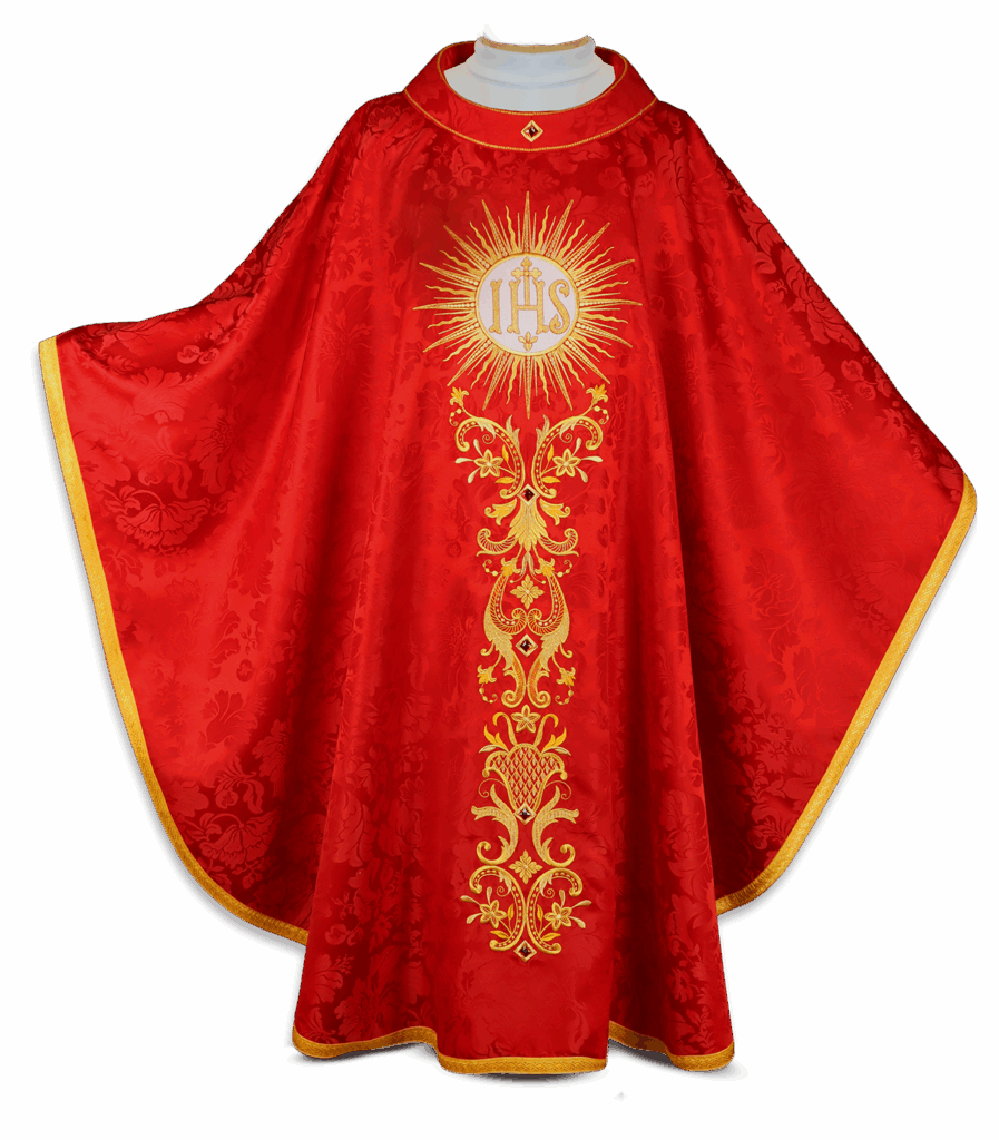 Chasuble brodée rouge « Ignis Sanctus » (Saint-Esprit)