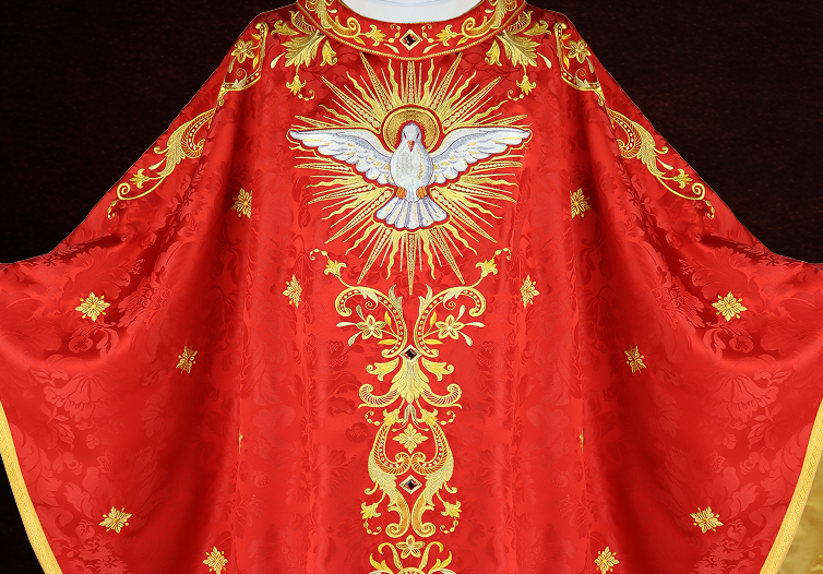 Chasuble brodée rouge « Ignis Sanctus » (Saint-Esprit)