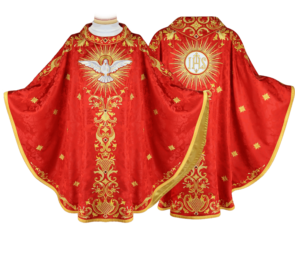 Chasuble brodée rouge « Ignis Sanctus » (Saint-Esprit)