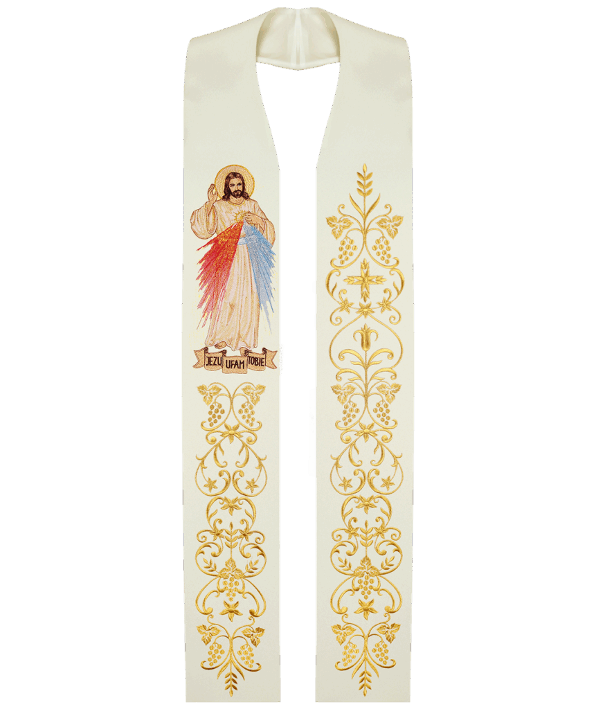 Stola brodée « Jésus Miséricordieux » avec l'effigie du Christ et des ornements dorés