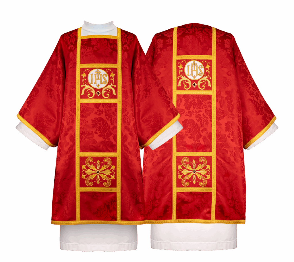 Robe dalmate brodée « Ignis Sanctus » rouge