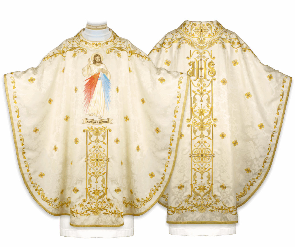 Chasuble brodée « Jésus Miséricordieux » – devant et dos de la chasuble