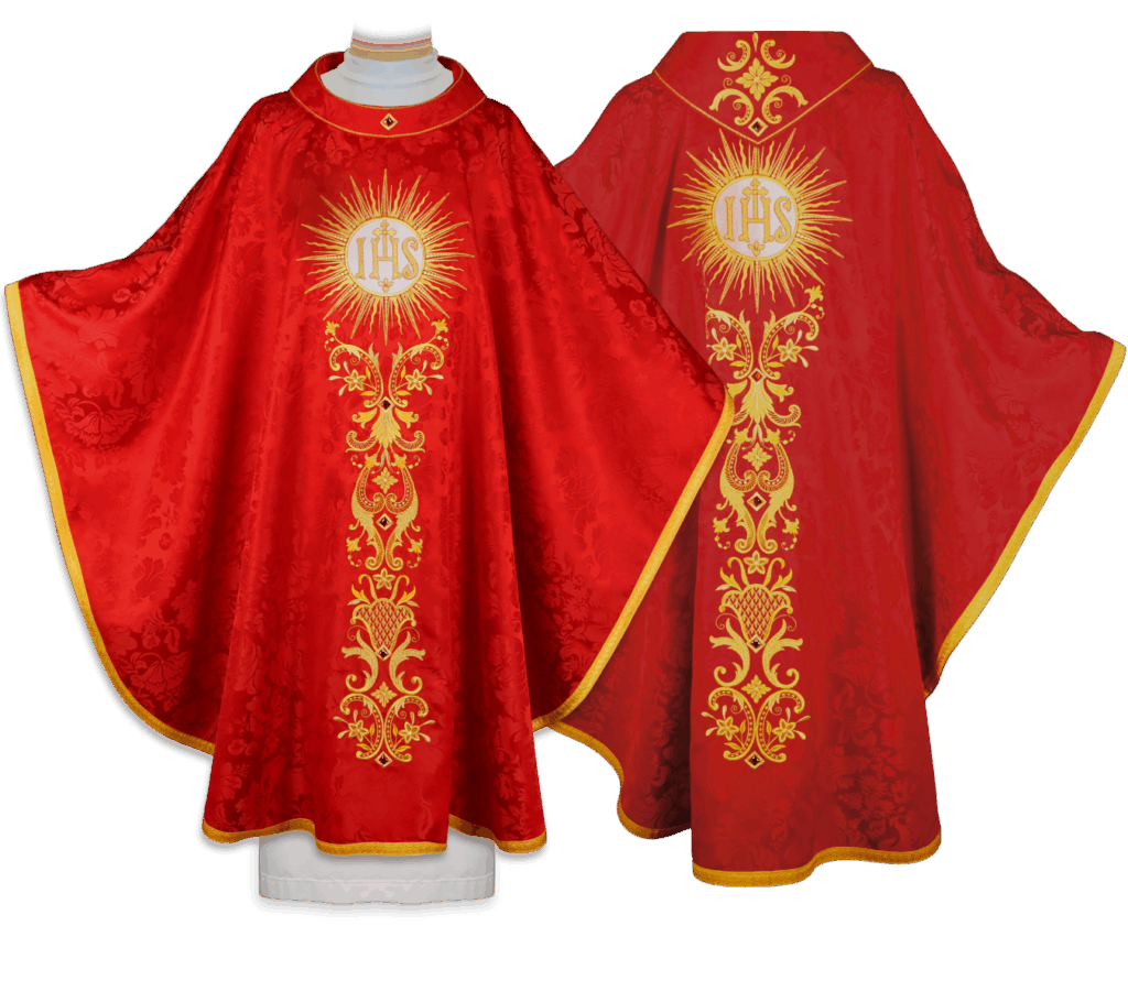 chasuble brodée rouge « Ignis Sanctus IHS »