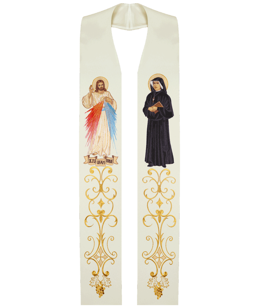 Stola liturgique représentant Jésus Miséricordieux et sainte Faustine, avec des broderies sacrées