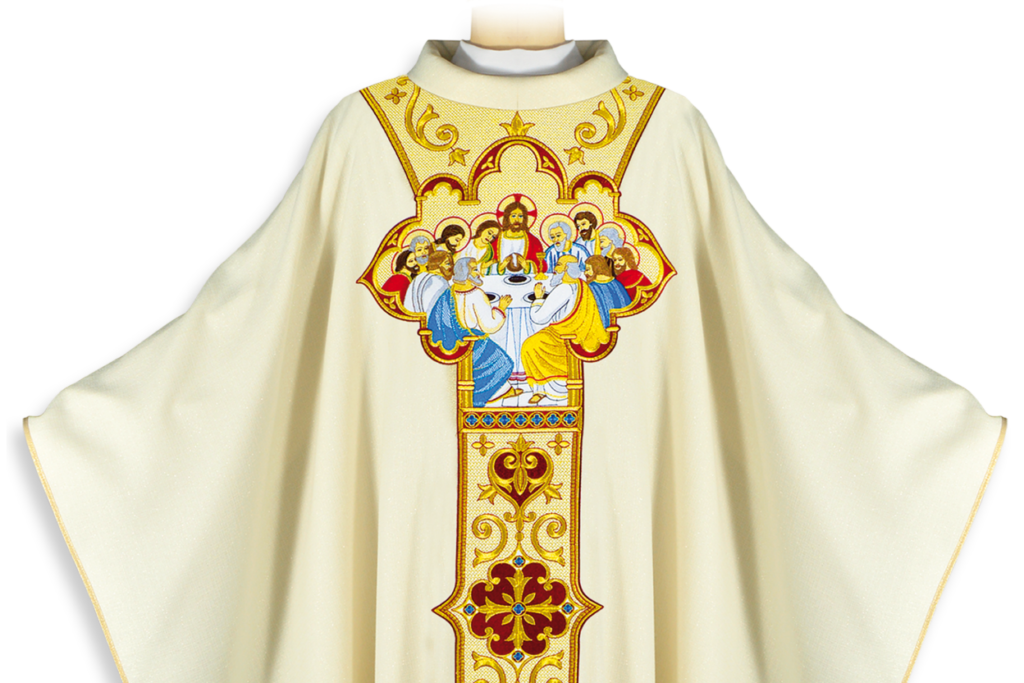Chasuble liturgique brodée « La Cène » – vêtement sacerdotal richement orné pour l'Eucharistie
