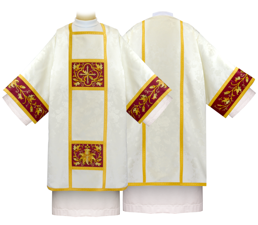 Dalmatique brodée Classico Bianco – vêtement liturgique pour diacre
