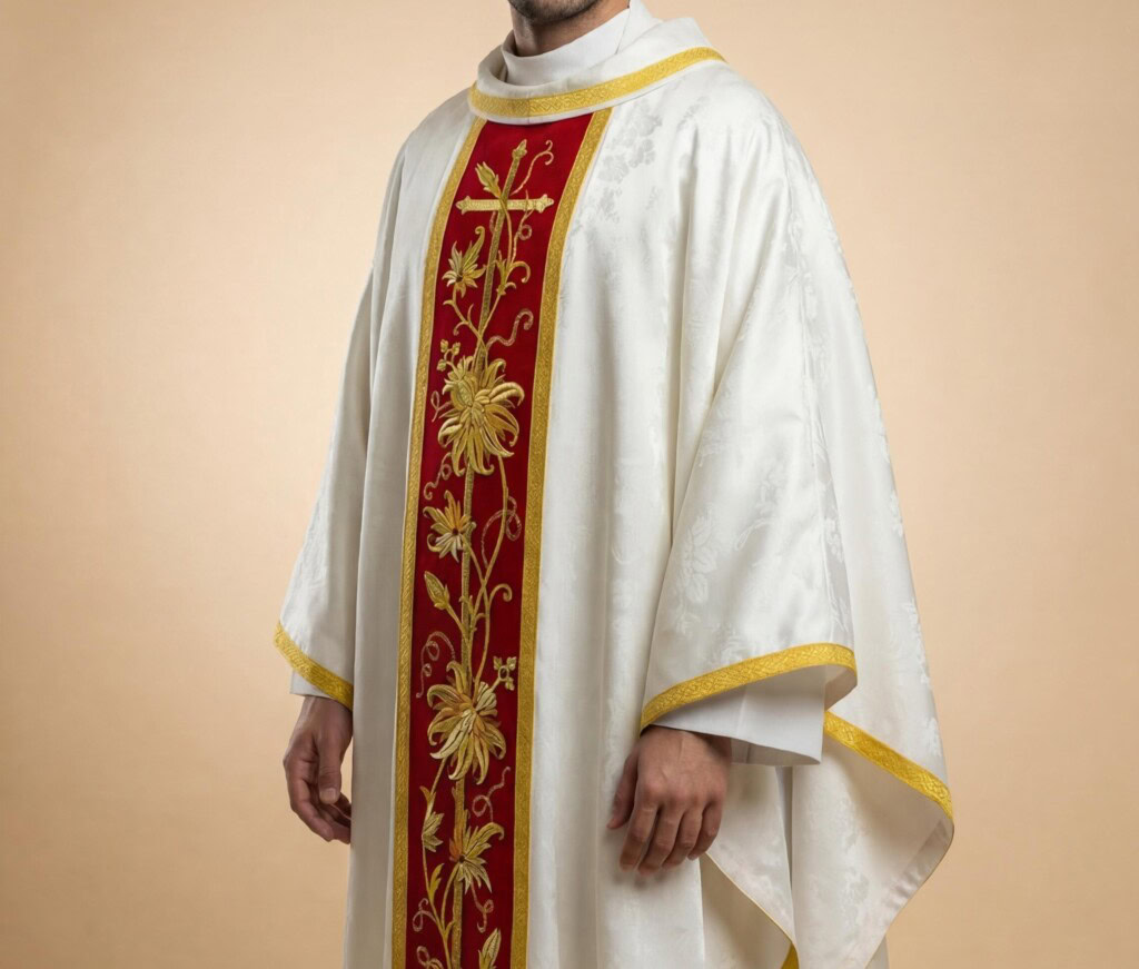 Un prêtre vêtu d'une chasuble de la collection Classico Bianco lors d'une célébration solennelle