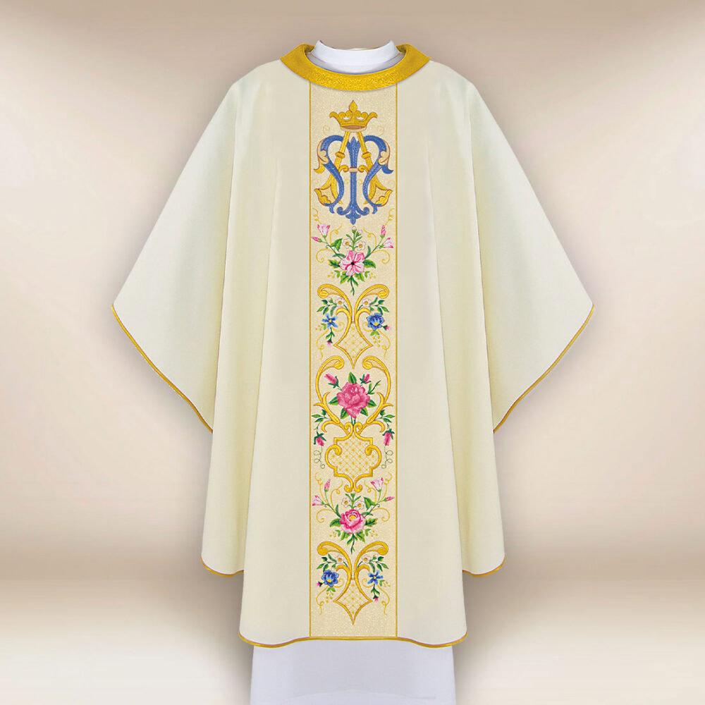Chasuble liturgique élégante brodée avec motif marial