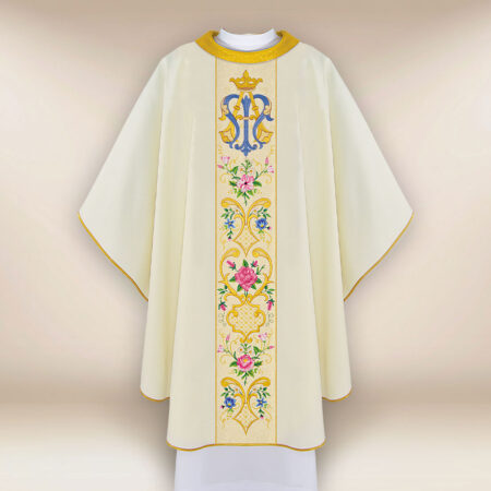 Chasuble liturgique élégante brodée avec motif marial