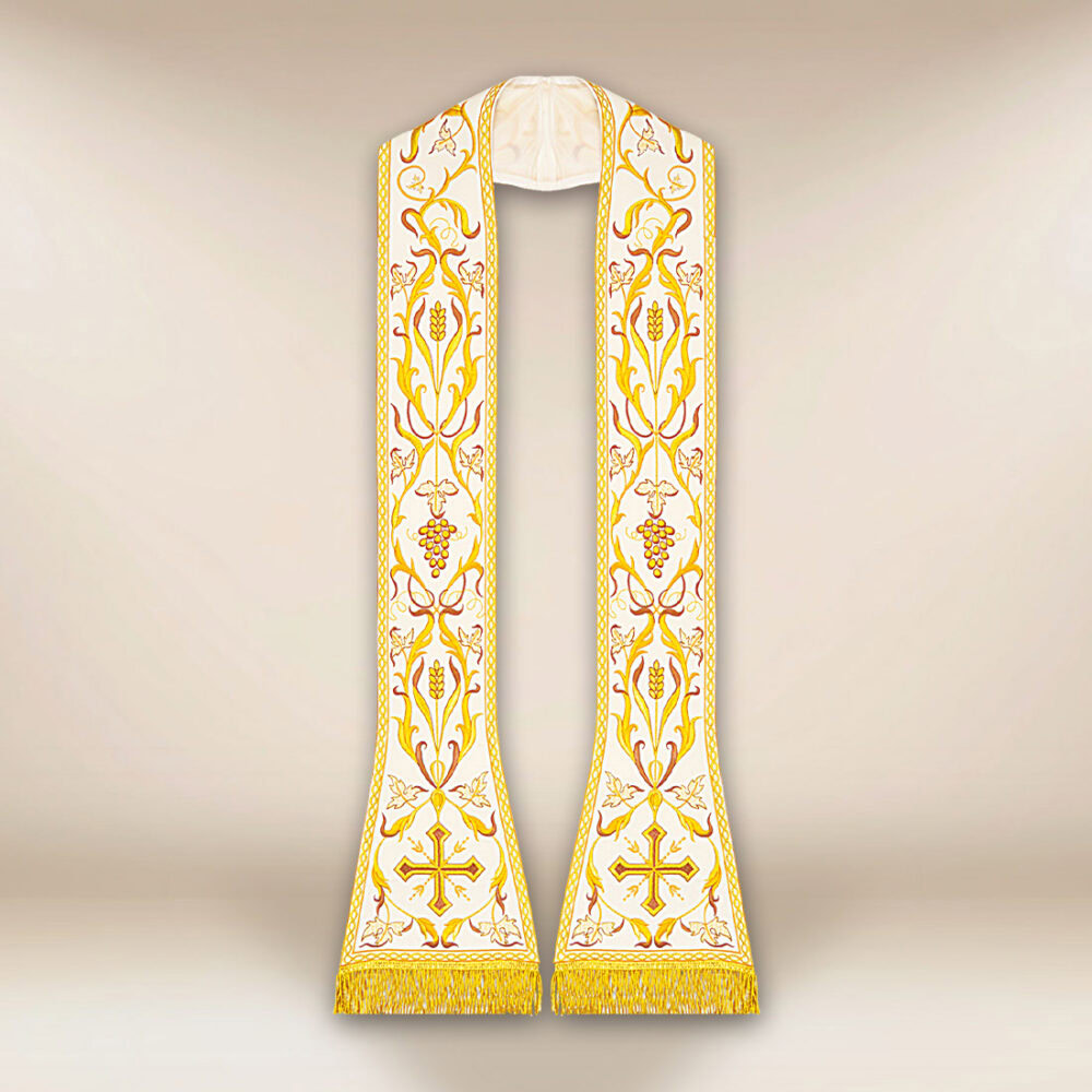Étole romaine liturgique brodée écrue