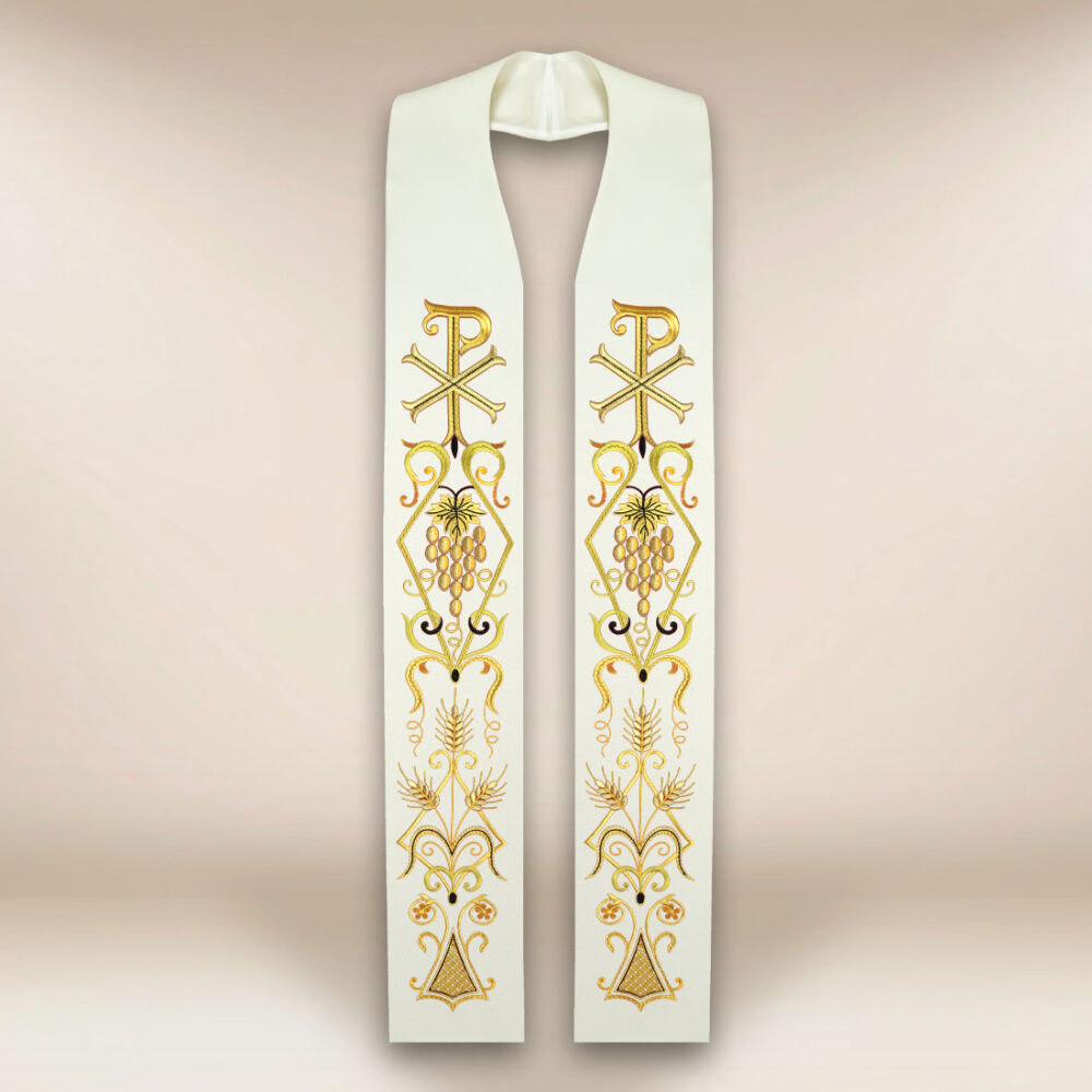 Étole liturgique brodée écrue avec le syNotre-Dameole PX