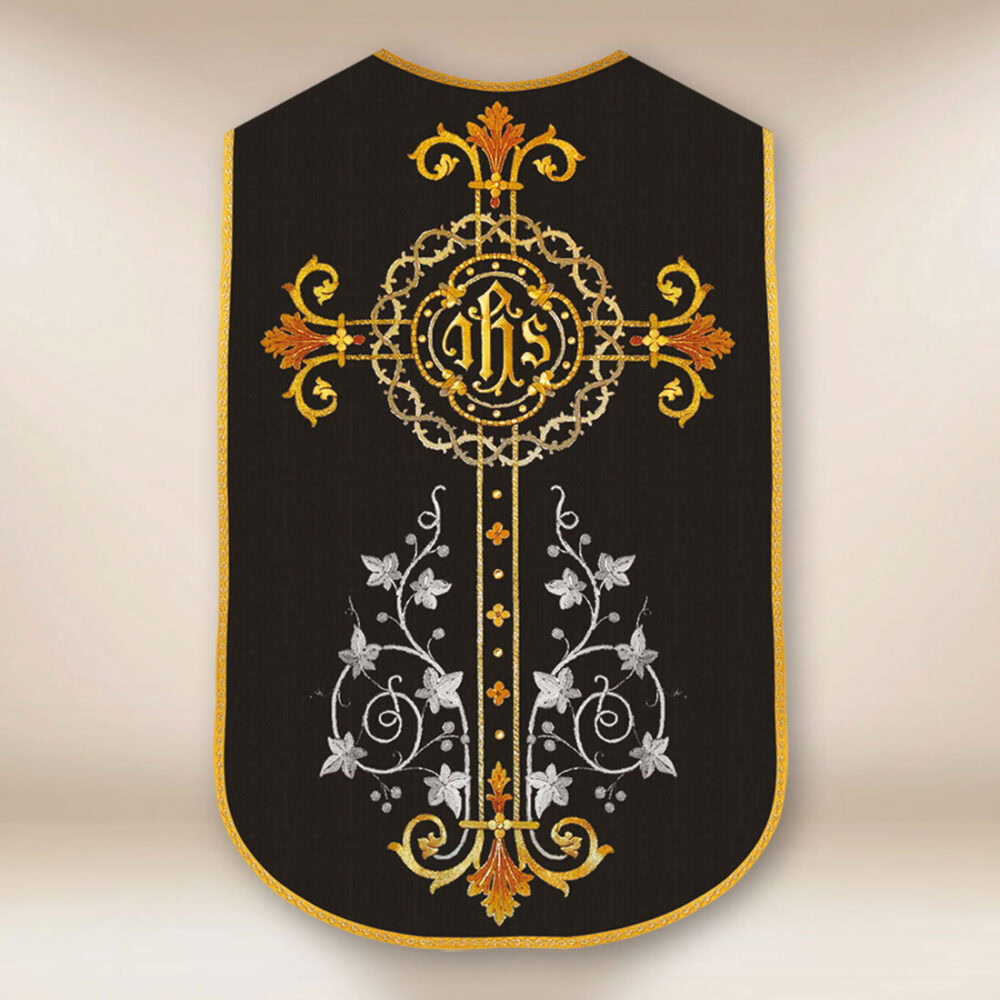 Chasuble romaine réplique noire Croix et IHS