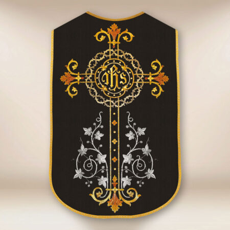 Chasuble romaine réplique noire Croix et IHS