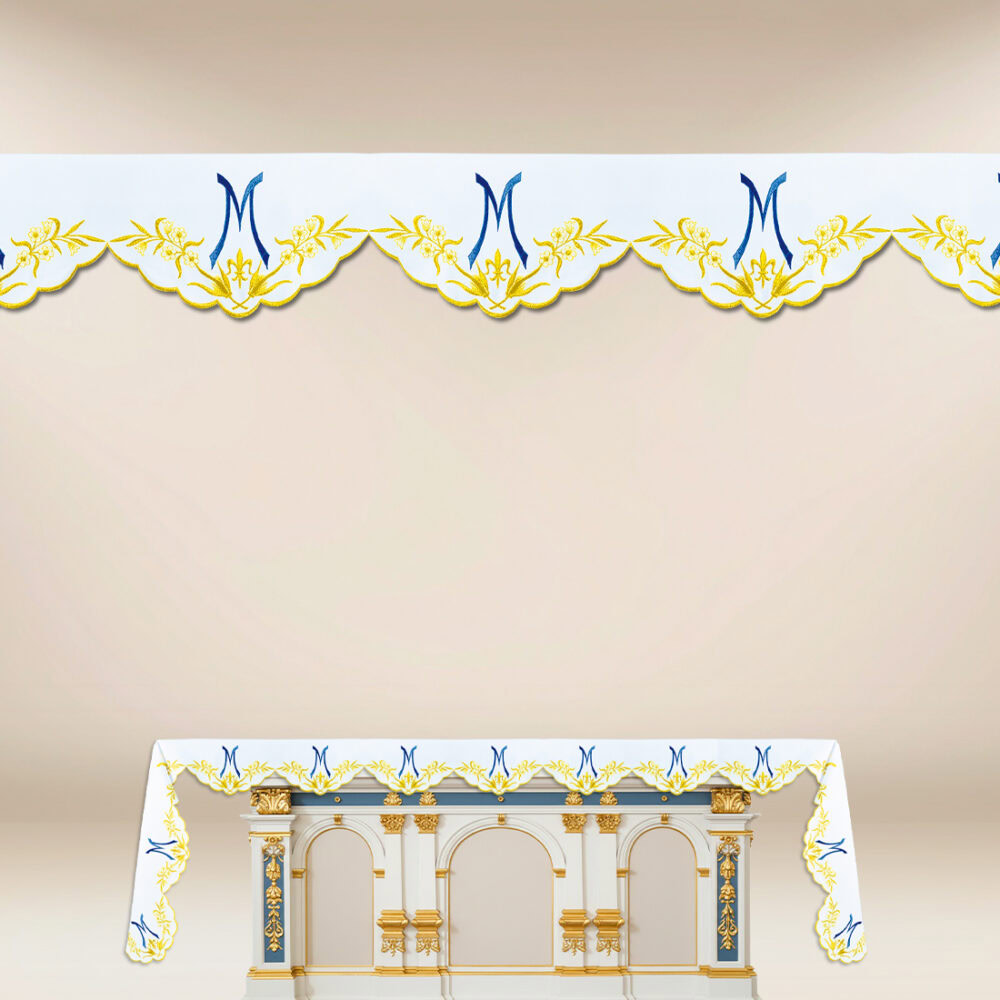 Nappe d’autel mariale brodée sur trois côtés 333x115cm