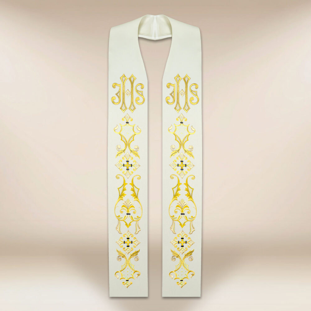 Étole liturgique brodée ecru avec IHS