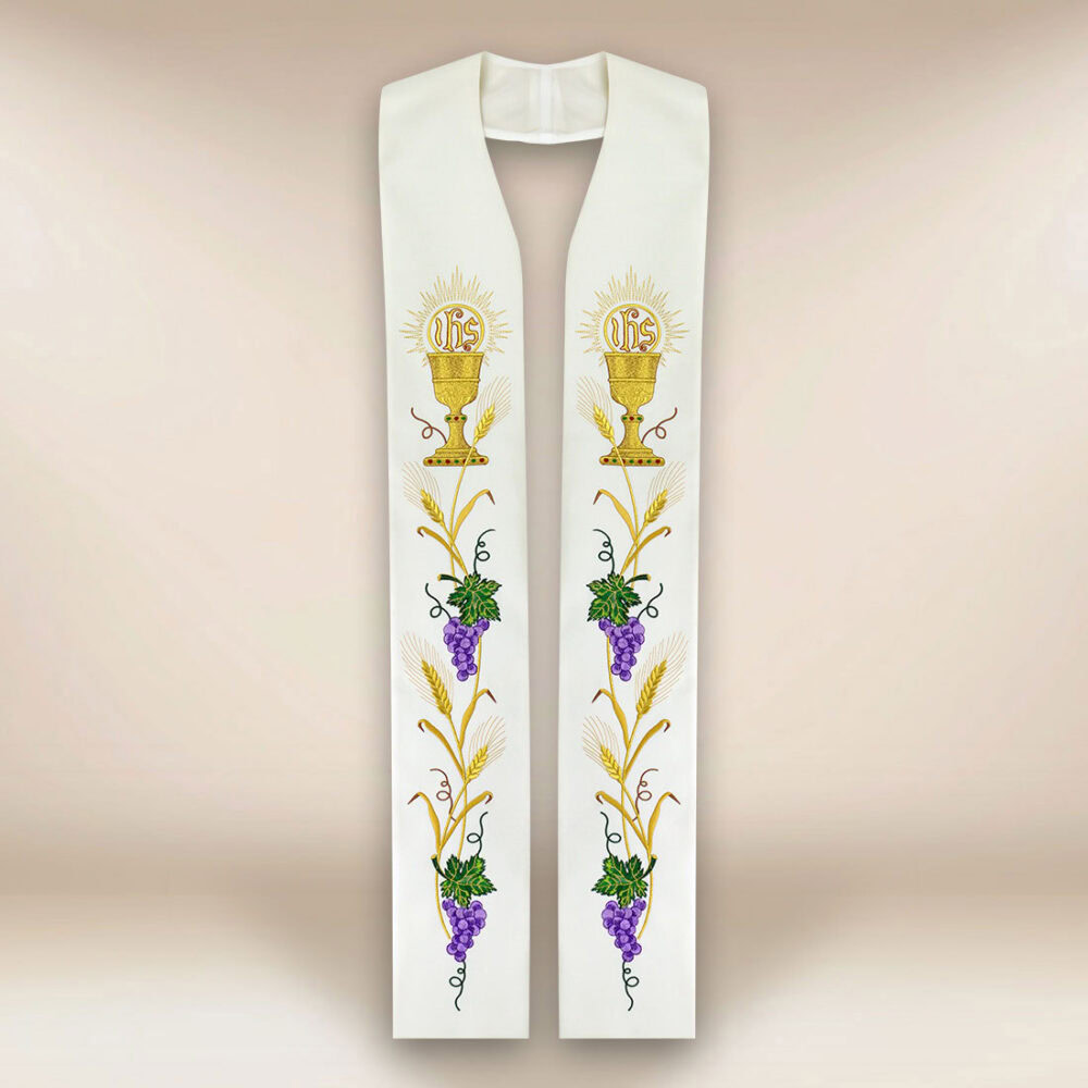 Étole liturgique brodée avec motif de calice