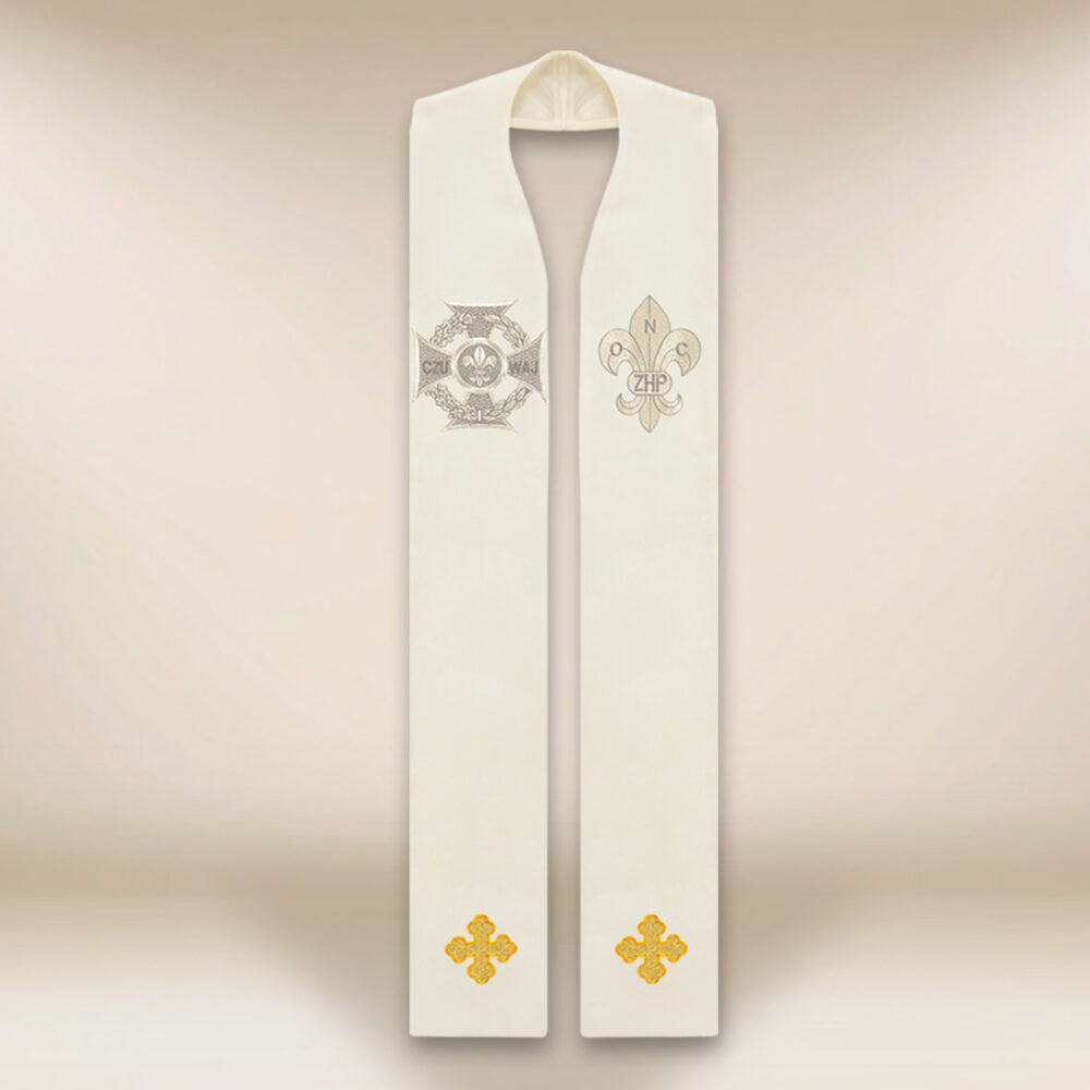 Étole liturgique brodée avec symbole scout