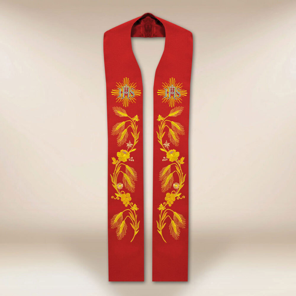 Étole brodée liturgique IHS rouge